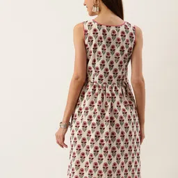 Taavi Women Off-White & Pink Sanganeri Block Print Gathered A-Line Sustainable Dress image 3