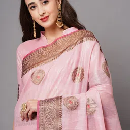 Mitera Pink & Gold-Toned Ethnic Motifs Zari Banarasi Saree image 4