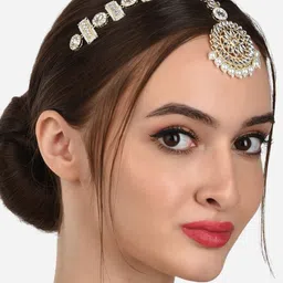 Zaveri Pearls Gold-Plated White Stone-Studded & Pearl Beaded Mathapatti image 5