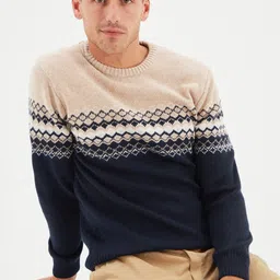 Trendyol Men Navy Blue & Beige Printed Pullover image 3