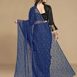 KALINI Women Navy Blue Floral Net Saree With Unstitched Blouse image 4