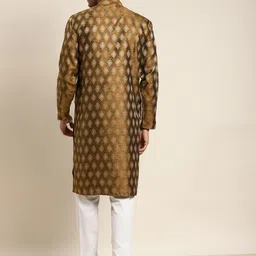 SOJANYA Men Mustard Yellow & Gold-Toned Jacquard Kurta image 2