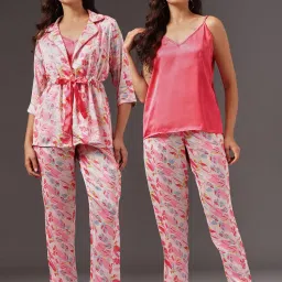 Clovia Satin Floral Print Robe And Cami Top With Pyjama Multi-Color-image-18