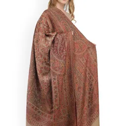 Exotic India Light Taupe Reversible Jamawar Wool Shawl with Woven Paisleys image 4