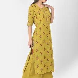Pistaa Women Mustard Yellow Floral Printed Pure Cotton Kurta With Palazzos image 4