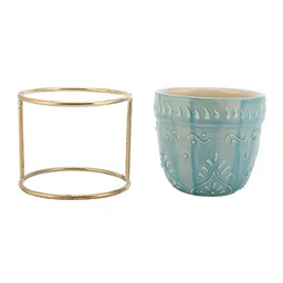 MIAH Decor Set Of 2 Gold-Toned & Teal Ceramic Textured Planter with Stand image 4