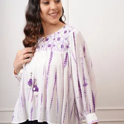 Vishudh Purple Embroidered & Printed Tie-Up Neck High-Low Top image 5