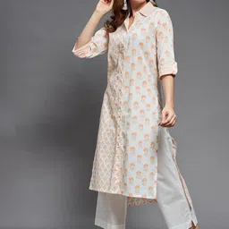 Indian Dobby Women White & Peach-Coloured Floral Printed Flared Sleeves Block Print Straight Style Kurta image 4