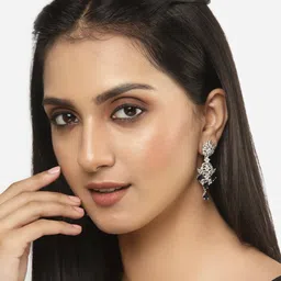 ZENEME Rhodium-Plated American Diamond studded Spiked Shaped Drop Earrings image 4