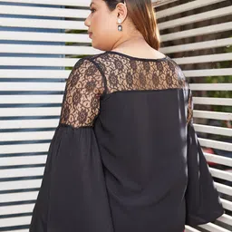 CURVE BY KASSUALLY Black Plus Size V-Neck Bell Sleeve Lace Detailed Top image 4