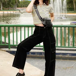 STREET 9 Women Black Relaxed Straight Leg High-Rise Pure Cotton Cargo Trousers image 5