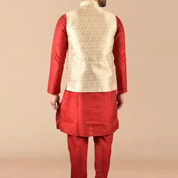 PRINTCULTR Mandarin Collar Pure Silk Straight Kurta With Churidar & Nehru jacket image 4