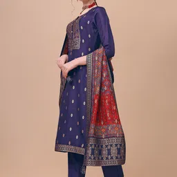 Seerat Women Navy Blue Jacquard Pure Silk Kurta with Trousers & Dupatta image 4