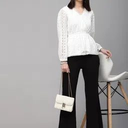 Style Quotient Self Design Puff Sleeve Cotton Lace Cinched Waist Top image 4