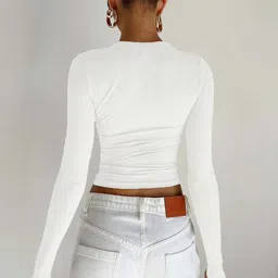 StyleCast White Round Neck Long Sleeves Crop Fitted Top With Thumbholes image 4