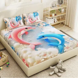 Story@Home 300 TC Microfiber Double Bedsheet with 2 Pillow Covers Dolphin Print-image-58