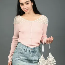 Odette White Suede Embellished Hand Bag-picture-11
