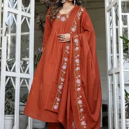 HERE&NOW Women Solid Embroidered A-Line Kurta with Salwar & Dupatta image 3