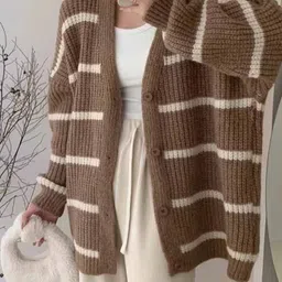 StyleCast Women Striped V-Neck Full Sleeves Longline Cardigan Sweater-image-62