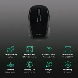 acer AMR800 Wireless Optical Gaming Mouse (1600 DPI Adjustable, Works with Chromebook, Black) image 2