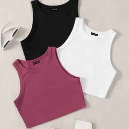 BAESD Pack Of 3 Ribbed Round Neck Sleeveless Tank Crop Top-picture-32