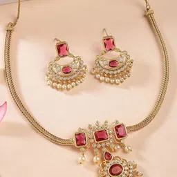 KARATCART Gold-Plated American Diamond Studded Temple Necklace And Earrings Jewellery Set-picture-35