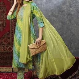 GoSriKi Bandhani Printed Straight Sequinned Kurta with Trousers & Dupatta image 4