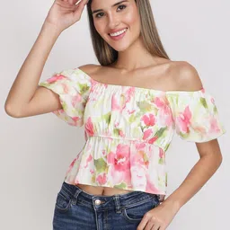 CORSICA Floral Print Off-Shoulder Crepe Peplum Crop Top-picture-12