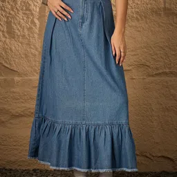 Orchid Blues Denim Flared Midi Skirt-image-10