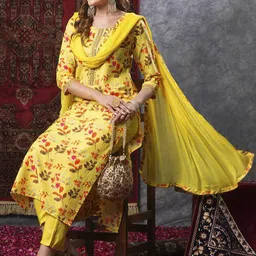 GoSriKi Kaleping Floral Printed Round Neck Straight Kurta With Trousers & Dupatta image 5