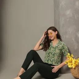 JANAKDULARI CREATION Floral Print Roll-Up Sleeves Cotton Shirt Style Crop Top image 2