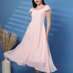 T TRYON ULTIMATE Women Sweetheart Neck Flutter Sleeve Georgette Fit & Flare Midi Dress-image-10