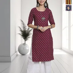 HERE&NOW Selection Of 3 Floral Printed Round Neck Straight Kurtas-picture-18
