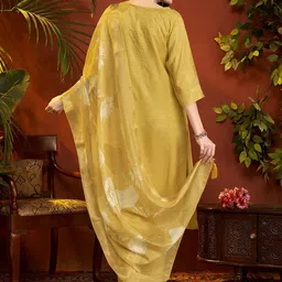 Anouk Floral Yoke Design Sequinned Pure Silk Straight Kurta With Trousers & Dupatta image 5