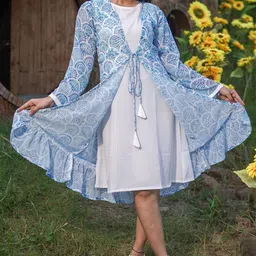 GO BOUJEE Floral Printed With Tie-Ups Cotton A-Line Dress-image-1