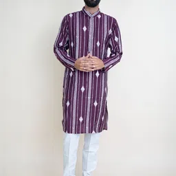 KUNDALI KAKSHAY Men Ethnic Motifs Embroidered Regular Thread Work Kurta with Trousers-picture-34