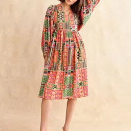 RAREISM Printed Bishop Sleeve Fit & Flare Midi Dress-image-27