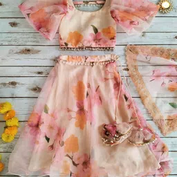 LABEL KANUPRIYA Girls Printed Organza Ready to Wear Lehenga & Blouse With Dupatta image 1