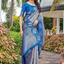 SATYAM WEAVES Ethnic Motifs Zari Silk Cotton Handloom Banarasi Saree-image-85