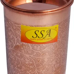 shivshakti arts Copper Glass Tumbler Cup, Embossed Etching Design For Drinking Serving Water - With Lid, (1 Pc = Vol - 300 ML) Glass Water/Juice Glass image 2