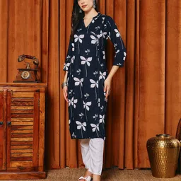 Meena Bazaar Women Mandarin Collar Pure Cotton Straight Kurta-image-95