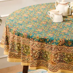 Fabindia Teal Blue & Orange Floral Printed Cotton 4 Seater Round Table Cover-picture-12