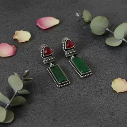 Urbalaa Silver-Plated Artificial Stones Studded Oxidised Geometric Shaped Drop Earrings-picture-16