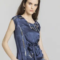 SHAYE Midnight Blue Round Neck Embellished Short Sleeves Party Tops For Women image 2