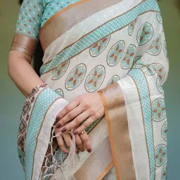 ALMAARI FASHION Ethnic Motifs Printed Pure Linen Banarasi Saree image 3