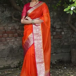 Lookmark Zari Organza Saree with Floral Woven Border and Unstitched Blouse Piece image 4