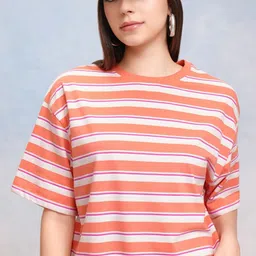 Tokyo Talkies Women Striped Drop-Shoulder Sleeves T-shirt-image-51