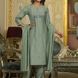 Juniper Floral Embroidered Round Neck Zari Straight With Trousers & Dupatta image 4