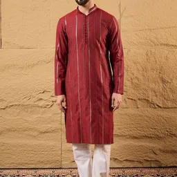 House of Pataudi Striped Sequinned Mandarin Collar Pure Cotton Straight Kurta & Trousers-picture-31