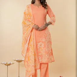Ruaati Women Floral Printed Cotton Kurta with Trousers & Dupatta-image-1